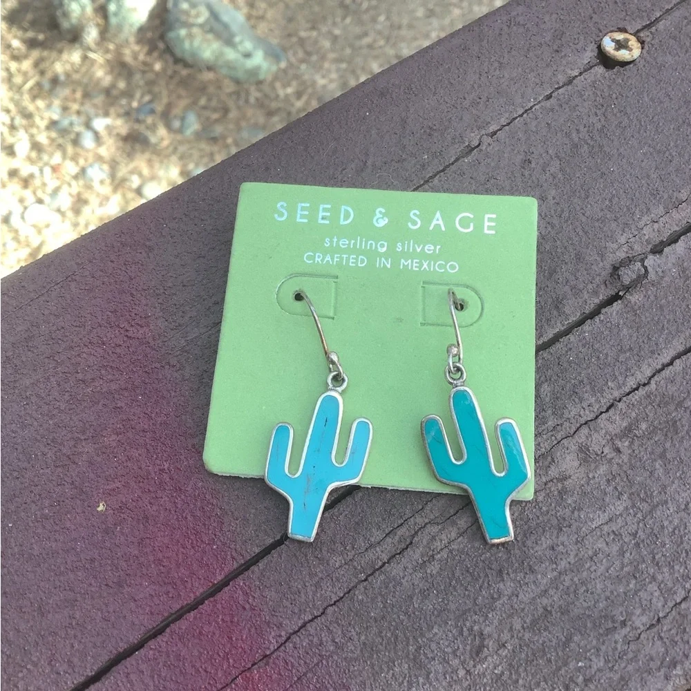 Teal Cactus Dangle Earrings